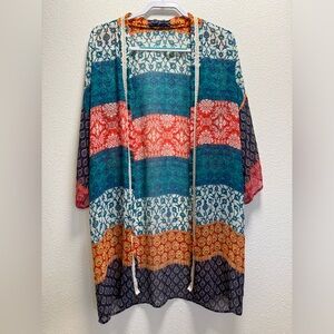 Collective Concepts Sheer Duster Kimono Geometric Floral Art Lightweight Sm/Md